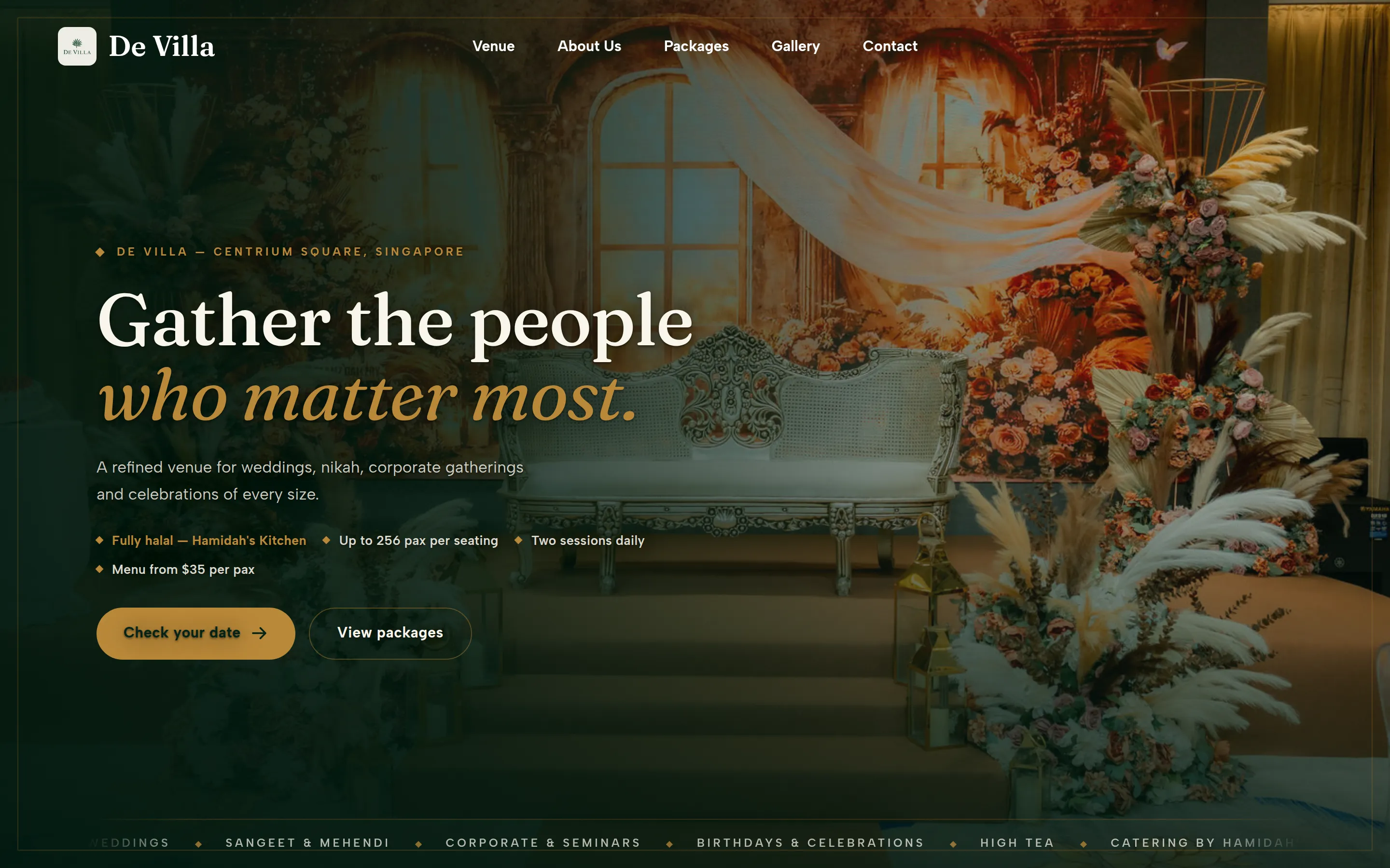 The De Villa homepage: 'Gather the people who matter most', with Check your date and View packages buttons over a photo of the venue's dais